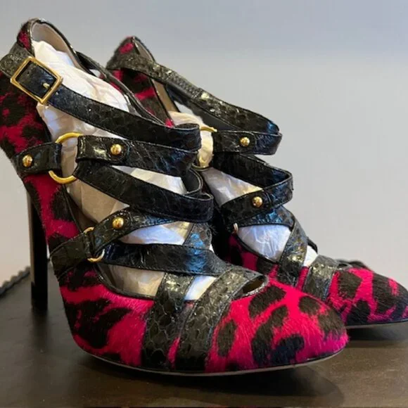 Jimmy Choo SZ 6 Fuchsia & Black Calf Hair Cheetah Print Heels - Picture 3 of 9